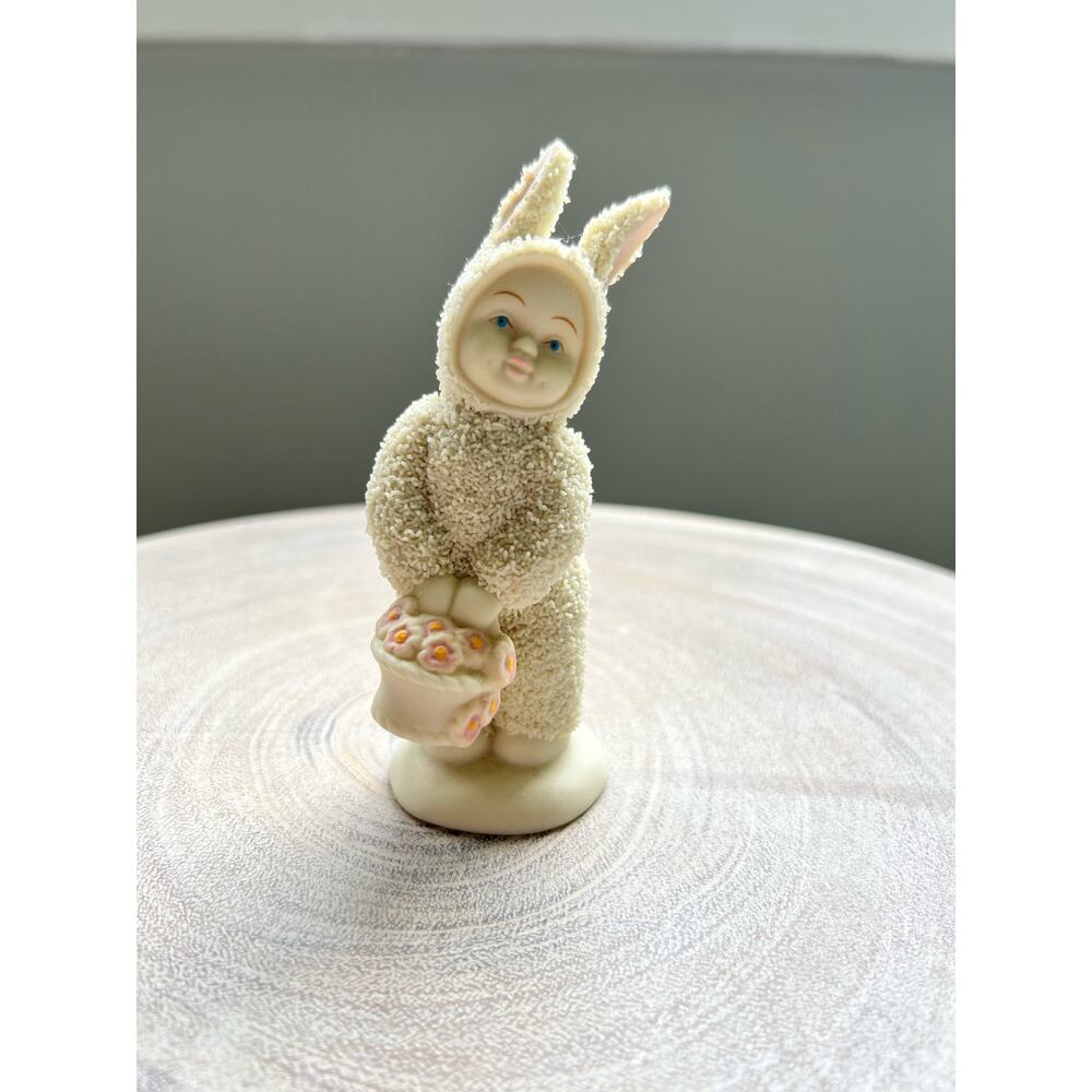 Department 56 Snowbabies "Basket of Cheer" Bunny Pink Flower Basket Figurine